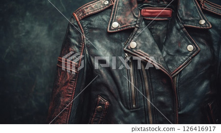 Worn leather jacket, close-up, dark background, studio shot Worn leather jacket, close-up, dark background, studio shot 126416917