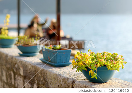 A row of stylish turquoise flower pots on the promenade along the sea 126416930