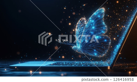 Abstract butterfly emerging from laptop, digital art, dark background Abstract butterfly emerging from laptop, digital art, dark background 126416958