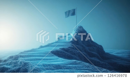 Abstract digital mountain peak with flag, success concept Abstract digital mountain peak with flag, success concept 126416978