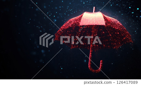 Abstract red umbrella in digital art style against a dark background with particles Abstract red umbrella in digital art style against a dark background with particles 126417089