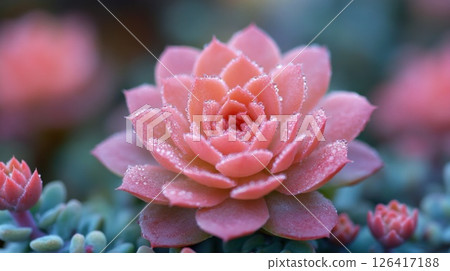 Close-up of a vibrant pink succulent in a garden setting 126417188