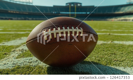 Football on field, stadium background, sunny day, game prep Football on field, stadium background, sunny day, game prep 126417353
