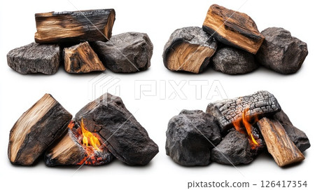Four fireplace logs and rocks, various stages of burning, isolated on white background 126417354