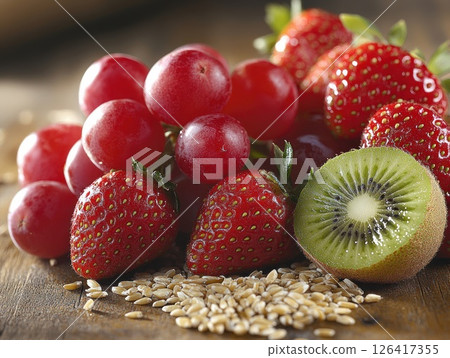 Fresh berries and kiwi fruit on wooden table with grains Fresh berries and kiwi fruit on wooden table with grains 126417355