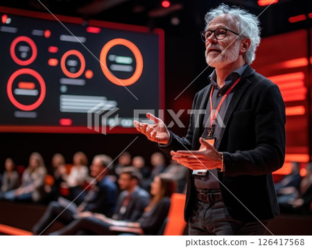 Mature speaker giving presentation at conference hall 126417568