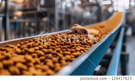Puppy on conveyor belt of pet food factory 126417625