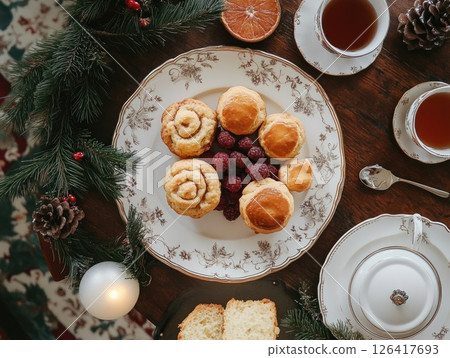 Festive Christmas Tea Party with Muffins and Tea 126417693