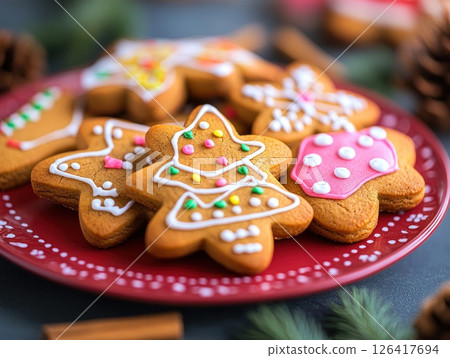 Festive gingerbread cookies, decorated with icing, on a red plate, Christmas pine branches and cinnamon sticks in the background 126417694