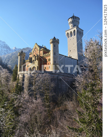 Stunning Bavarian castle stands majestically among frosted trees against a bright blue sky Stunning Bavarian castle stands majestically among frosted trees against a bright blue sky 126417825