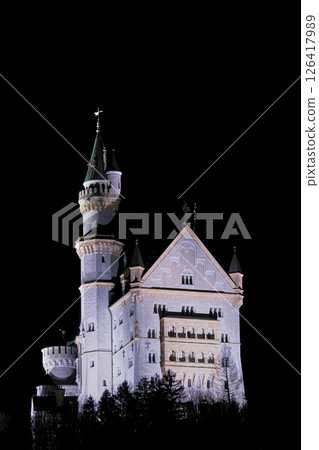 Illuminated Neuschwanstein Castle stands majestically under the night sky in Bavaria, Germany, showcasing stunning architectural details 126417989