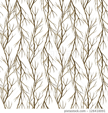 Seamless autumn pattern with bare tree branches. Handmade watercolor illustration. Vertical floral pattern. For packaging, textiles, wallpaper, and wrapping paper, tablecloths, curtains and home decor 126418091