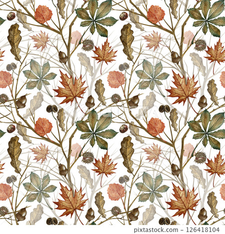 Seamless pattern with different autumn leaves and branches. Handmade watercolor illustration. Color image. Great for packaging, decor, textiles, wallpaper, for printing and wrapping paper. 126418104
