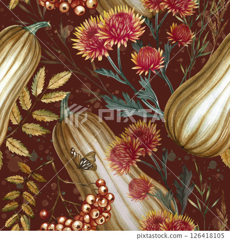 Seamless autumn pattern with pumpkins, flowers and mountain ash. Handmade watercolor illustration. A color image on a dark background. For packaging, decor, textiles, printing and wrapping paper. 126418105