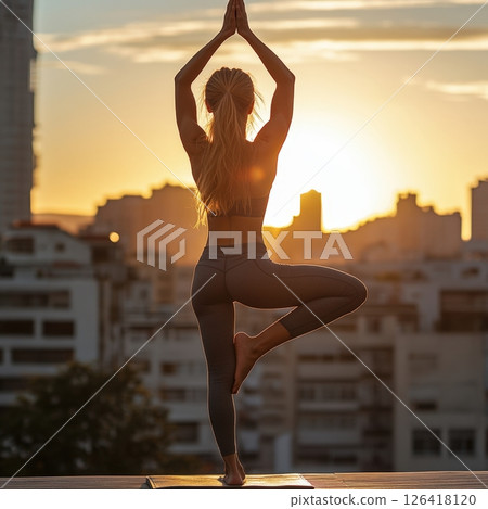 Woman practicing yoga on rooftop at sunrise, standing in tree pose, city skyline in background, peaceful morning atmosphere AI generated 126418120