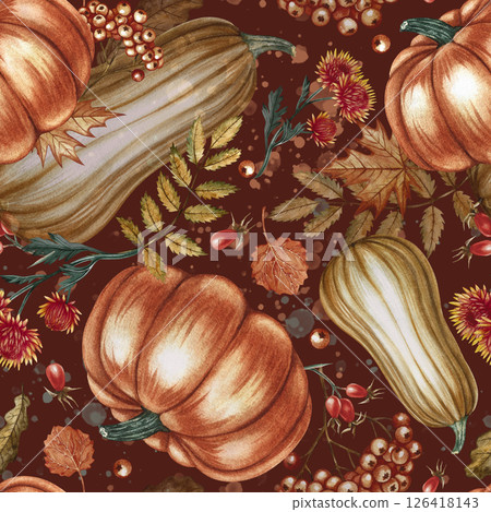 Seamless autumn pattern with pumpkins and various plant elements. Handmade watercolor illustration. On a dark background. For packaging, decor, textiles, wallpaper, printing and wrapping paper. 126418143