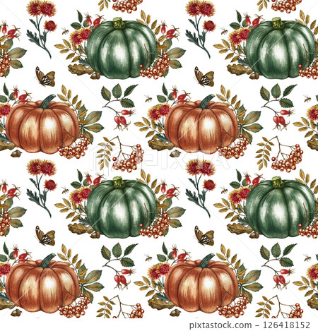 Seamless autumn pattern with pumpkins, leaves and flowers. Handmade watercolor illustration. Color image. For packaging, decor, textiles, wallpaper. As well as for printing and wrapping paper. 126418152