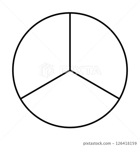 Three segments divided circle. Minimalistic black line chart. Pie, pizza round shape, 3 slices. Three segments divided circle. Minimalistic black line chart. Pie, pizza round shape, 3 slices. 126418159