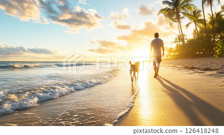 A man and his dog walking on a sandy beach in the setting sun 126418248