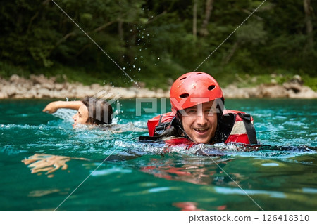 Rafting tour on Tara river, Montenegro, people swimming 126418310