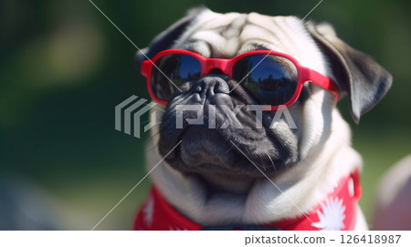 Cute pug dog wearing red scarf and sunglasses and celebrating Canada Day at the park. Generative ai. 126418987