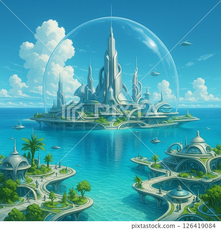 藍色海洋和透明穹頂的未來城市插畫 126419084