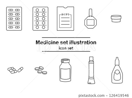 Black and white line drawing illustration of pharmaceutical icon set | Tablets, capsules, eye drops, medicine bag, tube, bottle Black and white line drawing illustration of pharmaceutical icon set | Tablets, capsules, eye drops, medicine bag, tube, bottle 126419546