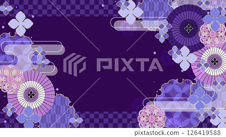 復古日式雨傘和繡球花圖案，16:9 126419588