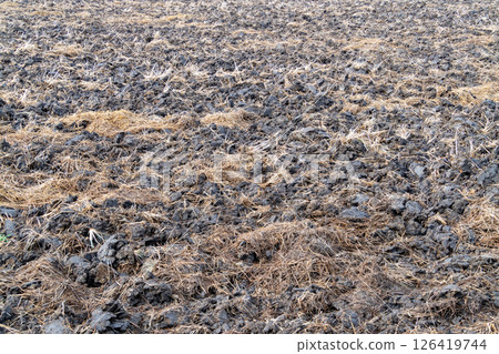 Rural landscape ground level view of plowed agricultural fields and soil preparation Rural landscape ground level view of plowed agricultural fields and soil preparation 126419744