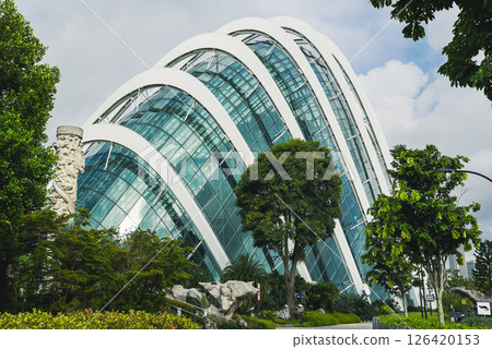 Singapore, Singapore - 4 April 2025: Iconic Cloud Forest dome in Gardens by the Bay framed by trees and modern path on a bright tropical afternoon. 126420153