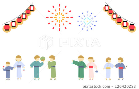 Illustration material of fireworks and people wearing yukata 126420258