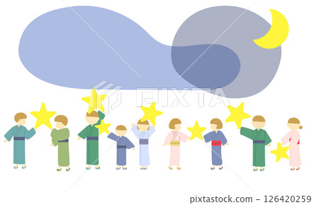 Illustration of cute people wearing yukata and holding stars 126420259