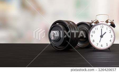 The Dumbbell and clock for Health or fitness concept 3d Rendering. The Dumbbell and clock for Health or fitness concept 3d Rendering. 126420657
