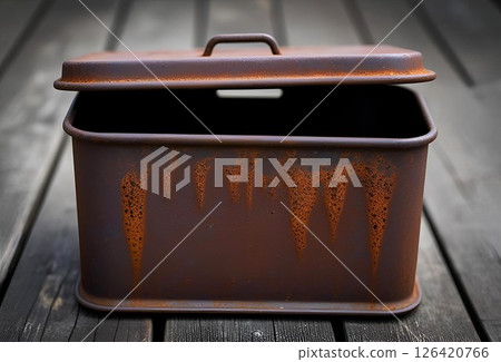 木甲板上的生鏽金屬容器 126420766