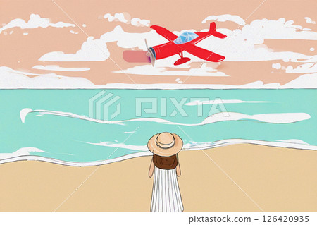 Woman and red Cessna plane at the summer beach 126420935
