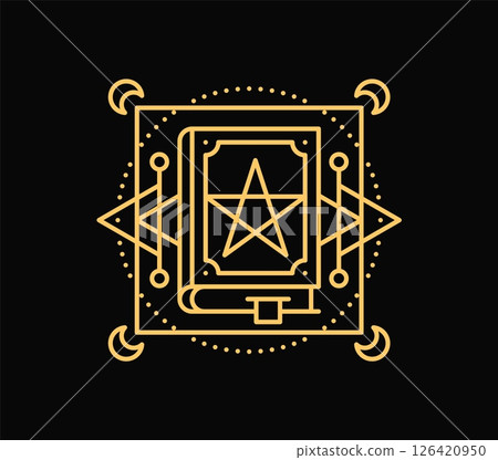 Esoteric Tarot card line symbol or mystic Boho tattoo ornament, vector occult sign. Tarot cards esoteric line symbol of magic star and spell book with celestial crescent moon and magic occult signs Esoteric Tarot card line symbol or mystic Boho tattoo ornament, vector occult sign. Tarot cards esoteric line symbol of magic star and spell book with celestial crescent moon and magic occult signs 126420950
