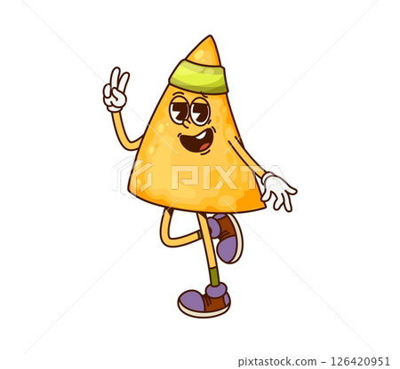Groovy Mexican nacho chip cartoon character wearing sneakers and a headband making a peace sign, embodying playful and energetic y2k hippie vibe. Isolated vector tex mex food or snack retro personage Groovy Mexican nacho chip cartoon character wearing sneakers and a headband making a peace sign, embodying playful and energetic y2k hippie vibe. Isolated vector tex mex food or snack retro personage 126420951