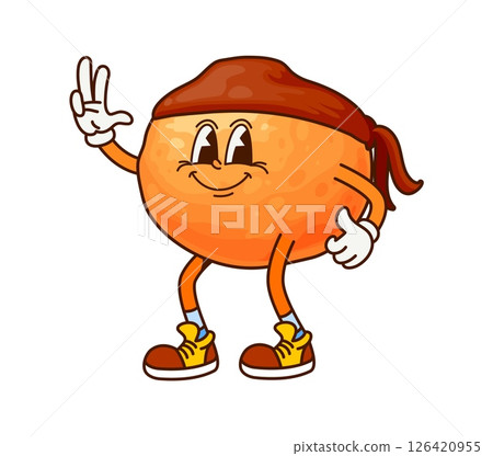 Cartoon groovy orange fruit pirate or corsair character, vector comic personage. Groovy tropical tangerine, grapefruit or orange fruit with funny face as pirate cartoon character in corsair bandana 126420955