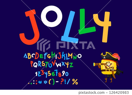 Funny cute font, children game type, comic typeface, creative childish english alphabet. Vector fun colorful letters and numbers typography set. Cartoon funky abc font with cute groovy characters 126420983