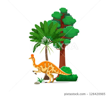 Prehistoric dinosaur character or Corythosaurus lizard, cartoon vector reptile. Corythosaurus dinosaur of Cretaceous era and hadrosaurid species for kids dino atlas or paleontology animal encyclopedia 126420985