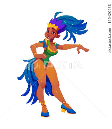 Brazilian carnival party dancer female character. Cartoon vector Brazil woman performer in vibrant green and blue costume, adorned with golden crown and feathered headdress, dancing in a festive pose 126420988