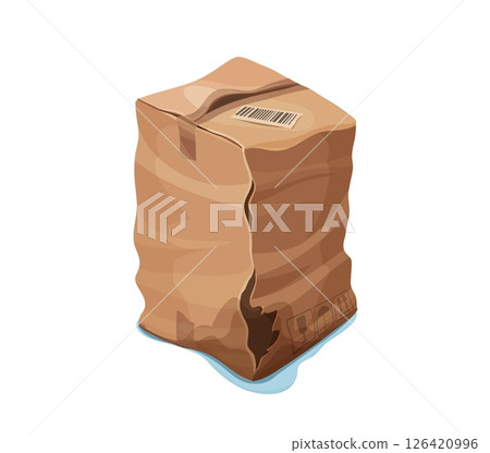 Damaged and crumpled cargo cardboard box. Damaged dirty delivery container, destroyed crumpled isolated cartoon vector cardboard paper parcel. Broken crushed cargo package or ripped wet shipping box 126420996