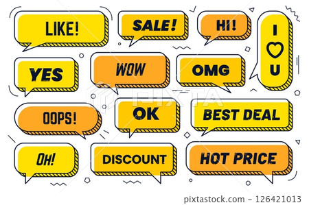 Memphis speech bubbles vector set. Dialog chat clouds, comic promo shapes in yellow and orange with phrases like wow, discount, like, best deal and hot price, ok, yes, omg for shopping or marketing Memphis speech bubbles vector set. Dialog chat clouds, comic promo shapes in yellow and orange with phrases like wow, discount, like, best deal and hot price, ok, yes, omg for shopping or marketing 126421013