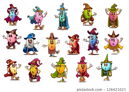 Cartoon groovy Halloween mage or wizard vitamin and micronutrient characters. Vector nutritional element capsules d, b2 or b5, b6 and b9. C, e or k, u and p wear capes and hats promote health 126421021