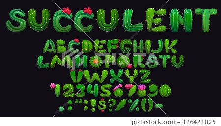 Cartoon cactus font of green succulent typeface and Mexican cacti plants, vector type. Kids English alphabet with cartoon letters or prickly cactus plants, opuntia flowers and saguaro cacti typeface 126421025