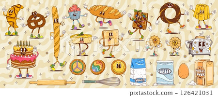 Cartoon groovy bakery, bread and pastry characters, vector retro hippie cereal food. Funny wheat bread, baguette, croissant and bun, cake, cupcake and cookie. Groovy toast, bagel and waffle characters Cartoon groovy bakery, bread and pastry characters, vector retro hippie cereal food. Funny wheat bread, baguette, croissant and bun, cake, cupcake and cookie. Groovy toast, bagel and waffle characters 126421031