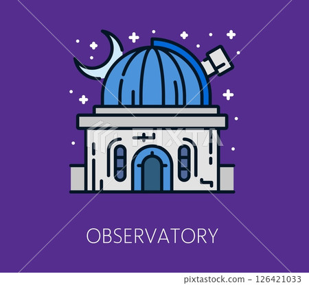 Space galaxy research observatory color thin line icon. Cosmos research line icon, astronomy discovery outline vector sign. Galaxy outerspace exploration linear icon with observatory building 126421033