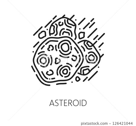 Space flying asteroids and galaxy line icon. Galaxy outerspace flight thin line vector icon, astronomy research or discovery linear symbol. Cosmos travel outline sign or space exploration pictogram 126421044