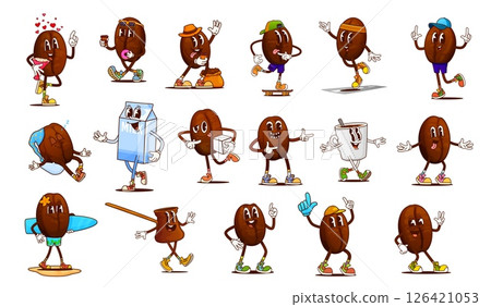 Cartoon groovy coffee bean, cup, milk box and cezve pot characters. Funny retro hippie brown coffee bean vector personages with sunglasses, sugar and donut, surfboard, flower bouquet and skateboard 126421053