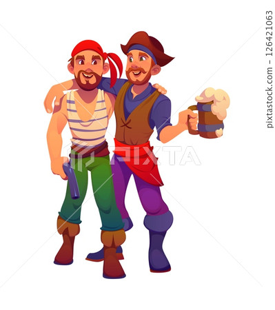 Cartoon pirate corsair characters, captain and sailor, boatswain and skipper. Two vector privateers standing side by side with arms around each other. One holds a frothy beer mug, the other a pistol 126421063